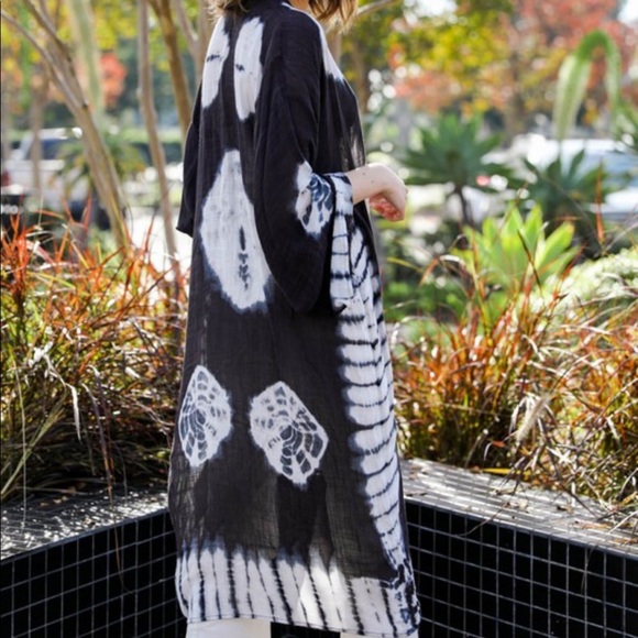 Kimono Tie Dye Long Cover Up BLACK - Picture 2 of 4